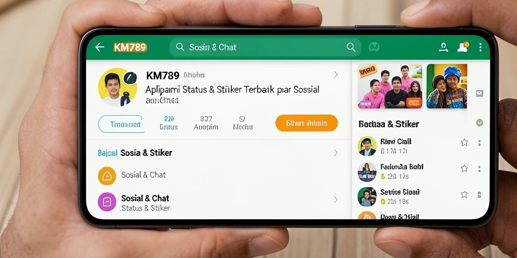 Screenshot utama KM789 menampilkan berbagai pilihan stiker menarik untuk Sosial & Chat.